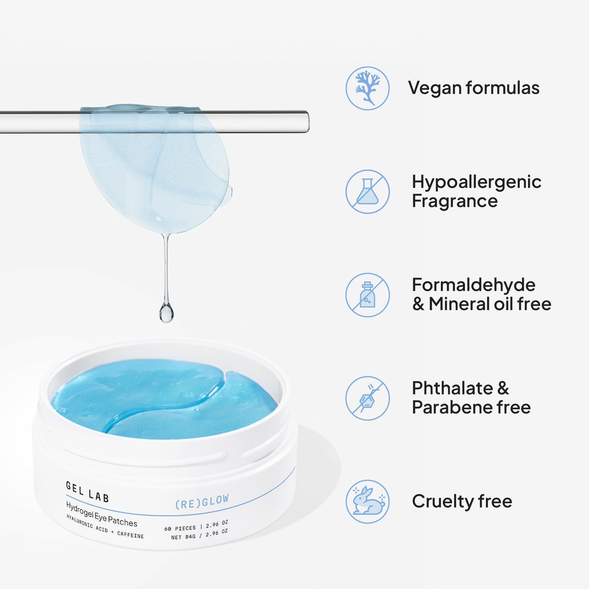 Gel Lab REGLOW Hyaluronic Acid & Caffeine Korean Skincare Eye Patches - Hydrating Under Eye Mask for Puffy Eyes, Dark Circles, and Wrinkles (60 Patches) Avelisse