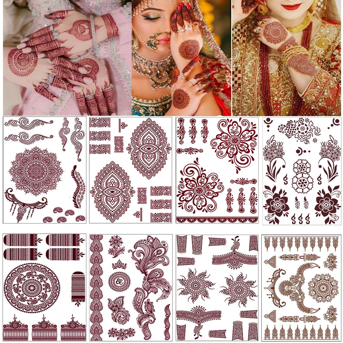 8 Sheets Red Brown Lace Floral Temporary Tattoo Stickers – Long Lasting Waterproof Body Art for Beach, Festival, Wedding & Party Decor - görsel 1