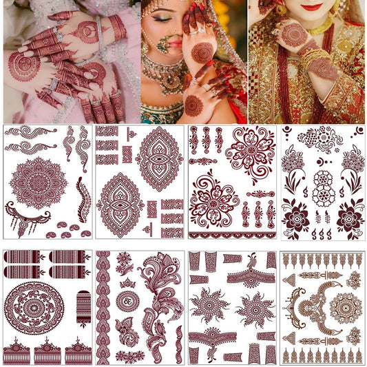 8 Sheets Red Brown Lace Floral Temporary Tattoo Stickers – Long Lasting Waterproof Body Art for Beach, Festival, Wedding & Party Decor