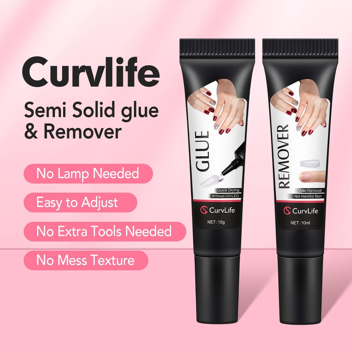 Curvlife Quick Drying 10g Semi Solid Nail Glue + 10ml Remover for Press On Nails – No UV Lamp Needed, Long Lasting Fake Acrylic Nails Kit Gel Avelisse