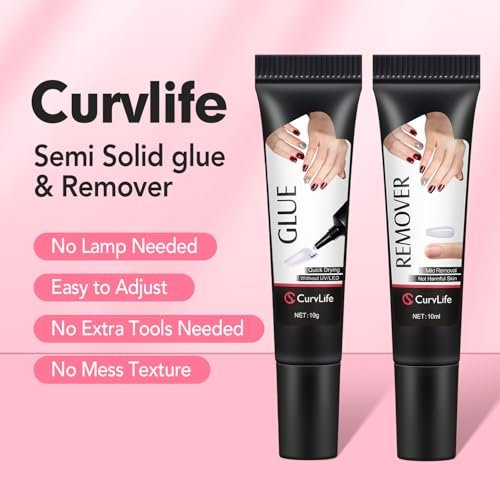 Curvlife Quick Drying 10g Semi Solid Nail Glue + 10ml Remover for Press On Nails – No UV Lamp Needed, Long Lasting Fake Acrylic Nails Kit Gel Avelisse