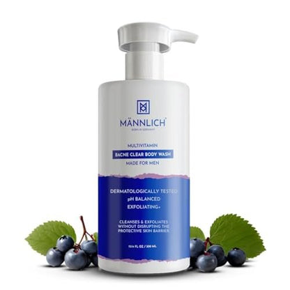 Mannlich 2% Salicylic Acid Body Acne Wash for Men - Bacne Clear Body Wash with 3% Niacinamide, Exfoliating Shower Gel, 10.58 oz