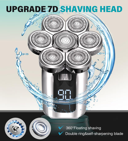 Gisaae Head Shaver for Bald Men - Upgraded 7D Electric Razor, Cordless Rechargeable, IPX7 Waterproof, Wet & Dry Bald Head Shaver with LED Display and Beard Grooming Kit Avelisse
