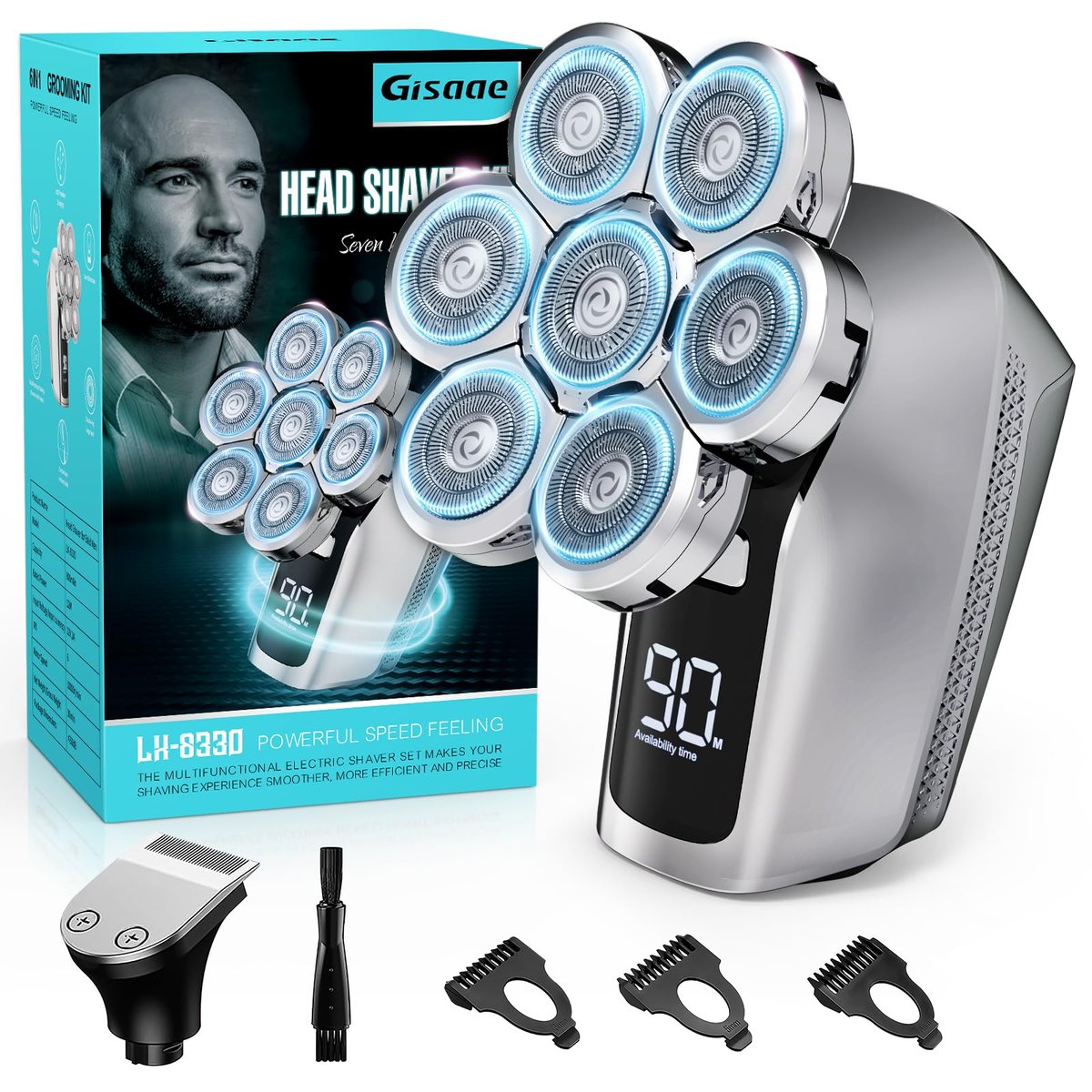 Gisaae Head Shaver for Bald Men - Upgraded 7D Electric Razor, Cordless Rechargeable, IPX7 Waterproof, Wet & Dry Bald Head Shaver with LED Display and Beard Grooming Kit Avelisse