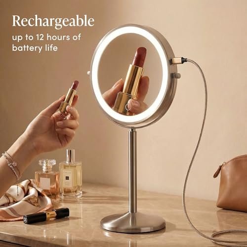 Fancii 9-Inch Lighted Makeup Mirror - Height Adjustable, 10X/1X Magnification, Rechargeable LED Vanity Mirror with Stand Avelisse