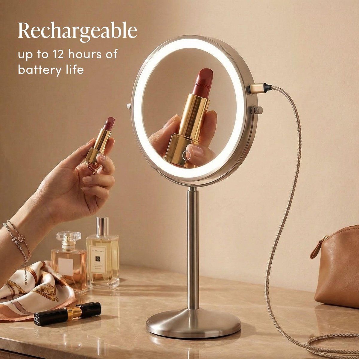 Fancii 9-Inch Lighted Makeup Mirror - Height Adjustable, 10X/1X Magnification, Rechargeable LED Vanity Mirror with Stand Avelisse