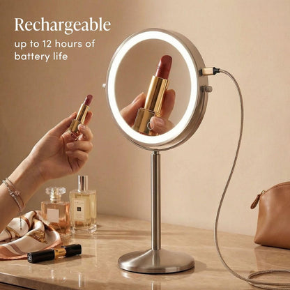 Fancii 9-Inch Lighted Makeup Mirror - Height Adjustable, 10X/1X Magnification, Rechargeable LED Vanity Mirror with Stand Avelisse
