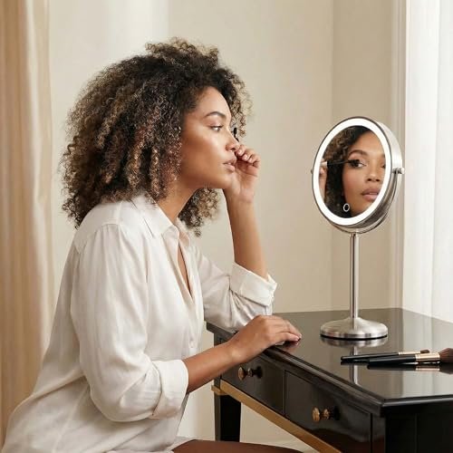 Fancii 9-Inch Lighted Makeup Mirror - Height Adjustable, 10X/1X Magnification, Rechargeable LED Vanity Mirror with Stand Avelisse