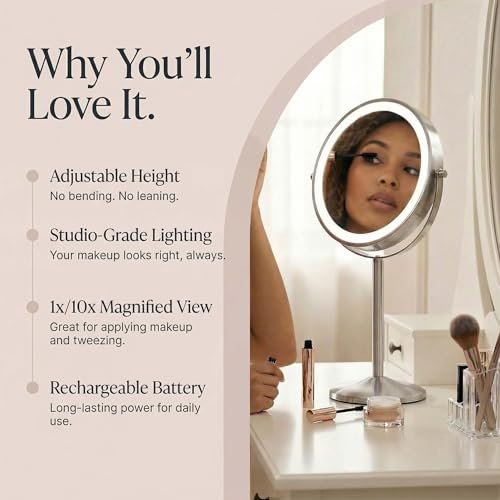 Fancii 9-Inch Lighted Makeup Mirror - Height Adjustable, 10X/1X Magnification, Rechargeable LED Vanity Mirror with Stand Avelisse