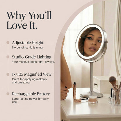 Fancii 9-Inch Lighted Makeup Mirror - Height Adjustable, 10X/1X Magnification, Rechargeable LED Vanity Mirror with Stand Avelisse