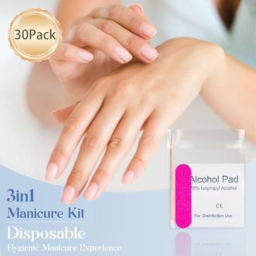 Qsnidy 30 Pack Disposable Manicure Kit – Individually Wrapped 3-Piece Press-On Nail Prep Set with Mini File, Cuticle Stick & Prep Pad for Salon, Home, Travel - görsel 4