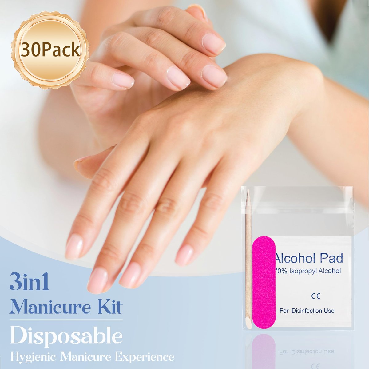 Qsnidy 30 Pack Disposable Manicure Kit – Individually Wrapped 3-Piece Press-On Nail Prep Set with Mini File, Cuticle Stick & Prep Pad for Salon, Home, Travel - görsel 3