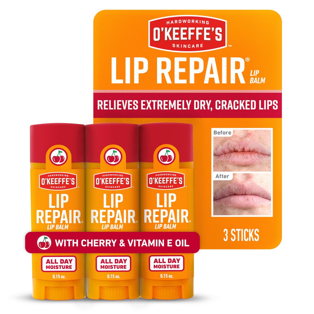 O'Keeffe's Lip Repair Lip Balm with Cherry & Vitamin E Oil - Stick (3 Pack) - Moisturizer for Extremely Cracked, Dry Lips - görsel 1
