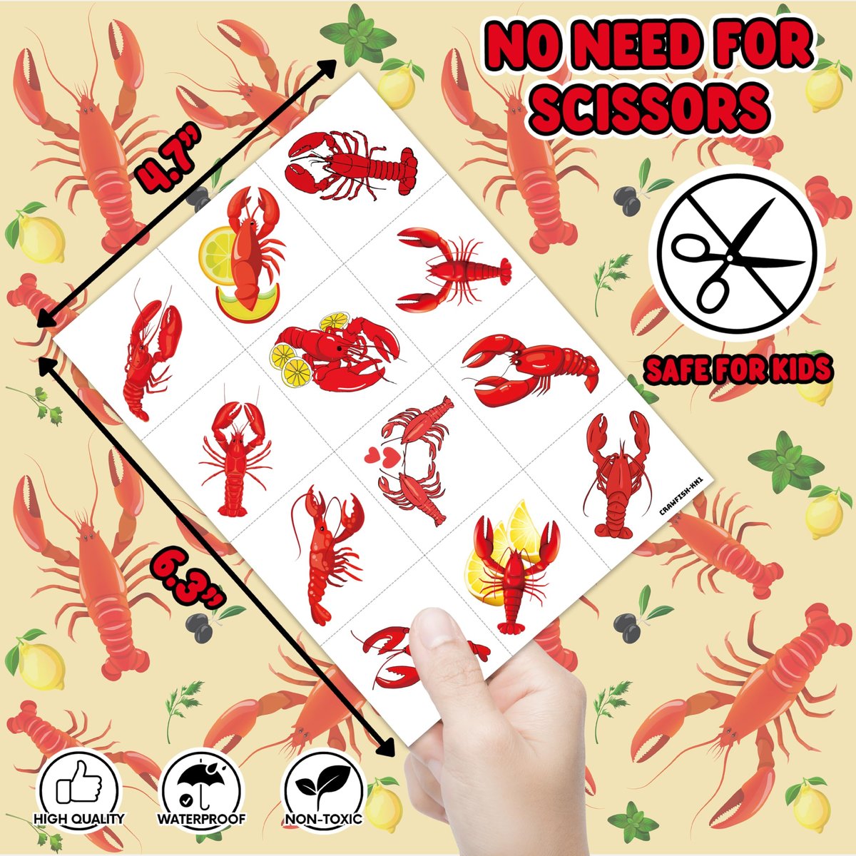 96PCS Crawfish Boil Party Favors Pre-Cut Temporary Tattoos - Themed Birthday Party Supplies Decorations Summer Seafood Lobster Crayfish Shrimp Stickers Gifts for Boys Girls Kids School Prizes Carnival - görsel 9