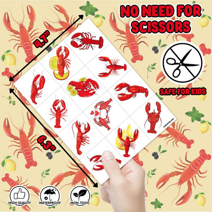 96PCS Crawfish Boil Party Favors Pre-Cut Temporary Tattoos - Themed Birthday Party Supplies Decorations Summer Seafood Lobster Crayfish Shrimp Stickers Gifts for Boys Girls Kids School Prizes Carnival