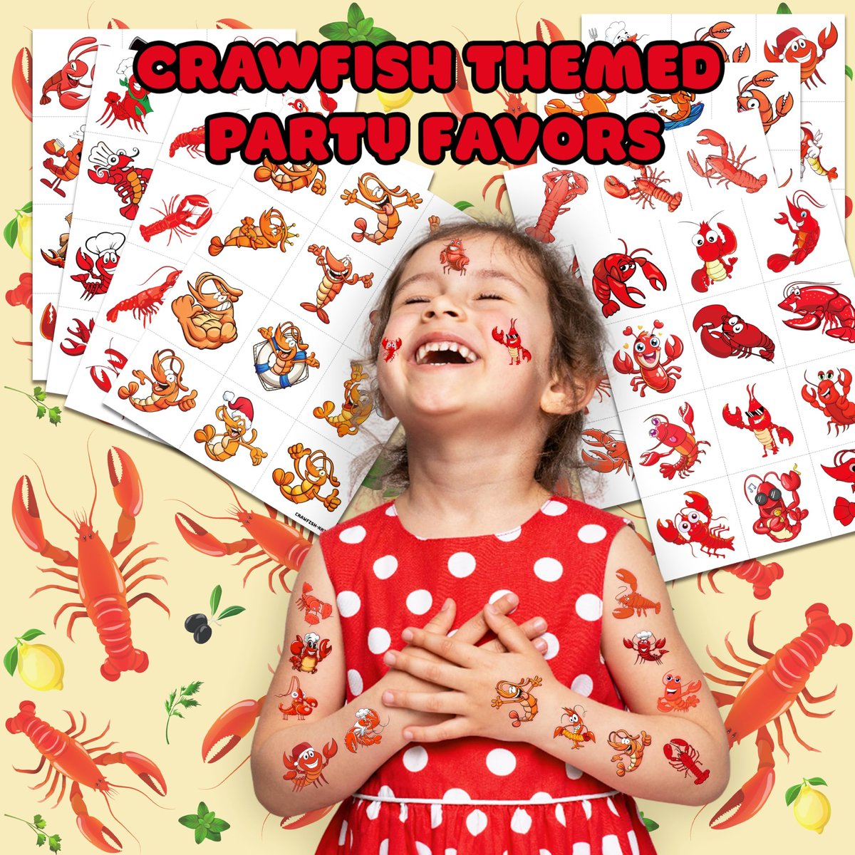 96PCS Crawfish Boil Party Favors Pre-Cut Temporary Tattoos - Themed Birthday Party Supplies Decorations Summer Seafood Lobster Crayfish Shrimp Stickers Gifts for Boys Girls Kids School Prizes Carnival - görsel 3