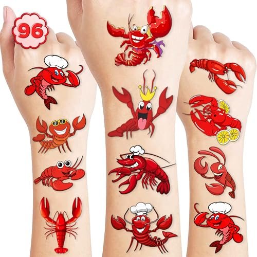 96PCS Crawfish Boil Party Favors Pre-Cut Temporary Tattoos - Themed Birthday Party Supplies Decorations Summer Seafood Lobster Crayfish Shrimp Stickers Gifts for Boys Girls Kids School Prizes Carnival - görsel 2