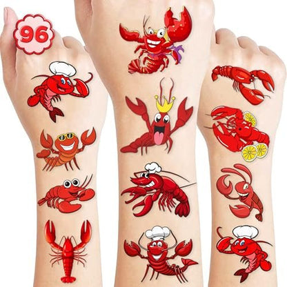 96PCS Crawfish Boil Party Favors Pre-Cut Temporary Tattoos - Themed Birthday Party Supplies Decorations Summer Seafood Lobster Crayfish Shrimp Stickers Gifts for Boys Girls Kids School Prizes Carnival
