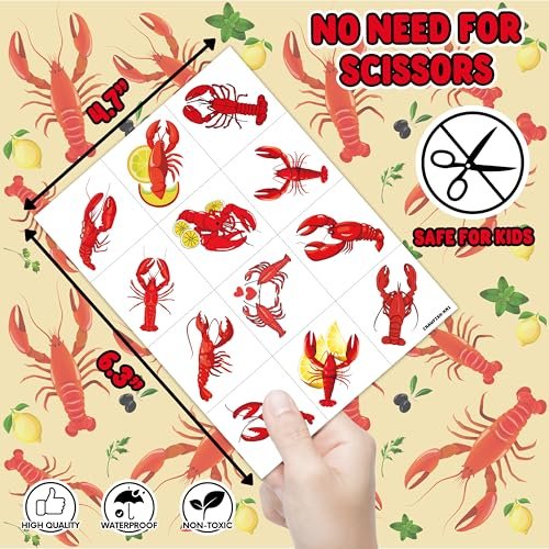 96PCS Crawfish Boil Party Favors Pre-Cut Temporary Tattoos - Themed Birthday Party Supplies Decorations Summer Seafood Lobster Crayfish Shrimp Stickers Gifts for Boys Girls Kids School Prizes Carnival - görsel 10