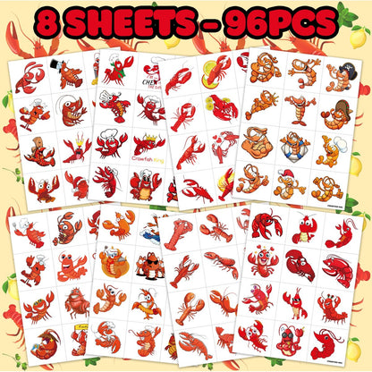 96PCS Crawfish Boil Party Favors Pre-Cut Temporary Tattoos - Themed Birthday Party Supplies Decorations Summer Seafood Lobster Crayfish Shrimp Stickers Gifts for Boys Girls Kids School Prizes Carnival