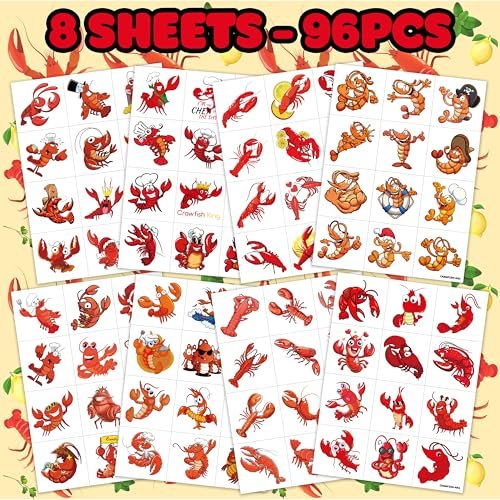 96PCS Crawfish Boil Party Favors Pre-Cut Temporary Tattoos - Themed Birthday Party Supplies Decorations Summer Seafood Lobster Crayfish Shrimp Stickers Gifts for Boys Girls Kids School Prizes Carnival - görsel 6