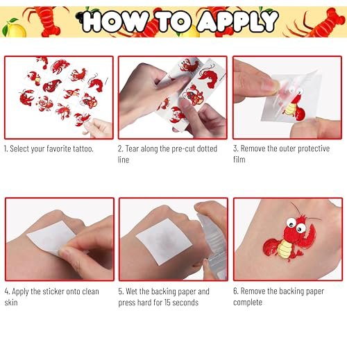 96PCS Crawfish Boil Party Favors Pre-Cut Temporary Tattoos - Themed Birthday Party Supplies Decorations Summer Seafood Lobster Crayfish Shrimp Stickers Gifts for Boys Girls Kids School Prizes Carnival - görsel 14