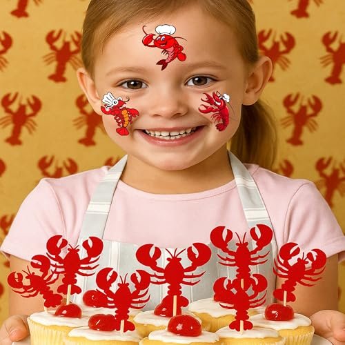 96PCS Crawfish Boil Party Favors Pre-Cut Temporary Tattoos - Themed Birthday Party Supplies Decorations Summer Seafood Lobster Crayfish Shrimp Stickers Gifts for Boys Girls Kids School Prizes Carnival - görsel 12