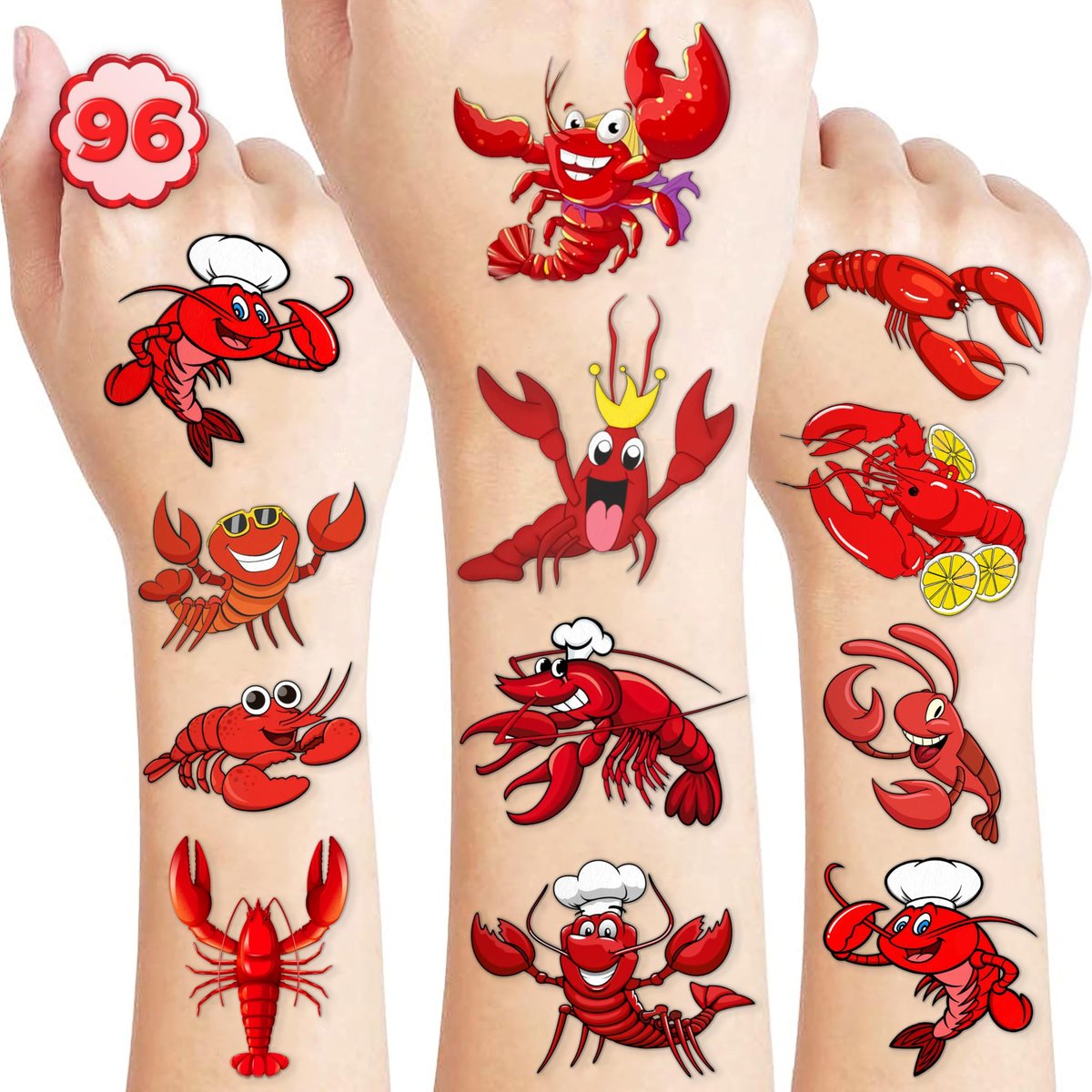 96PCS Crawfish Boil Party Favors Pre-Cut Temporary Tattoos - Themed Birthday Party Supplies Decorations Summer Seafood Lobster Crayfish Shrimp Stickers Gifts for Boys Girls Kids School Prizes Carnival - görsel 1
