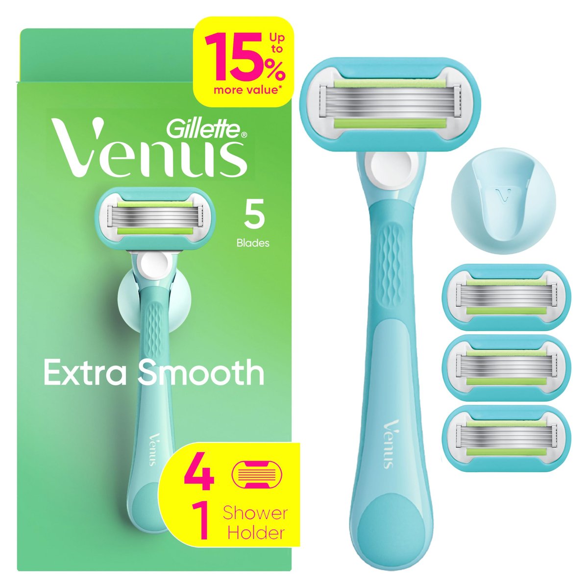Gillette Venus Extra Smooth Razor for Women - 1 Handle + 4 Refills, 5-Blade, Ergonomic No-Slip Gel Handle & Shower Holder - görsel 1