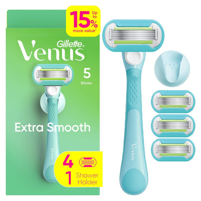 Gillette Venus Extra Smooth Razor for Women - 1 Handle + 4 Refills, 5-Blade, Ergonomic No-Slip Gel Handle & Shower Holder