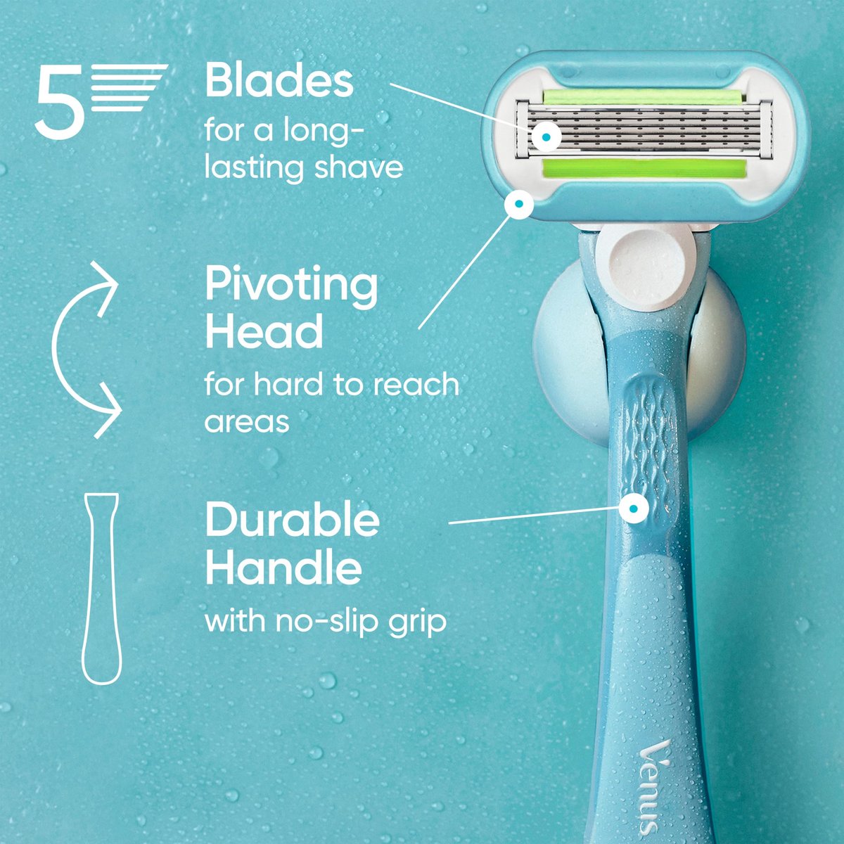 Gillette Venus Extra Smooth Razor for Women - 1 Handle + 4 Refills, 5-Blade, Ergonomic No-Slip Gel Handle & Shower Holder - görsel 3