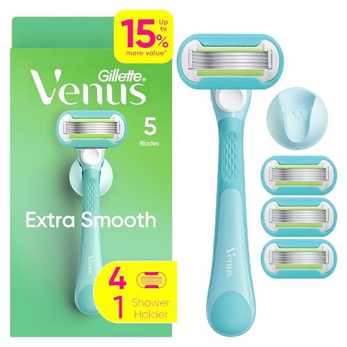 Gillette Venus Extra Smooth Razor for Women - 1 Handle + 4 Refills, 5-Blade, Ergonomic No-Slip Gel Handle & Shower Holder - görsel 2