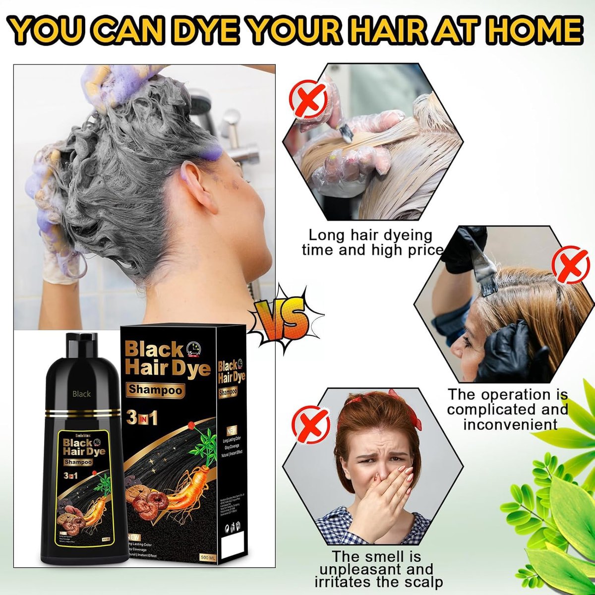 Sminktec Herbal Hair Dye Shampoo 3 in 1 for Gray Hair - Natural Black Color, 16.9 Fl Oz - görsel 9