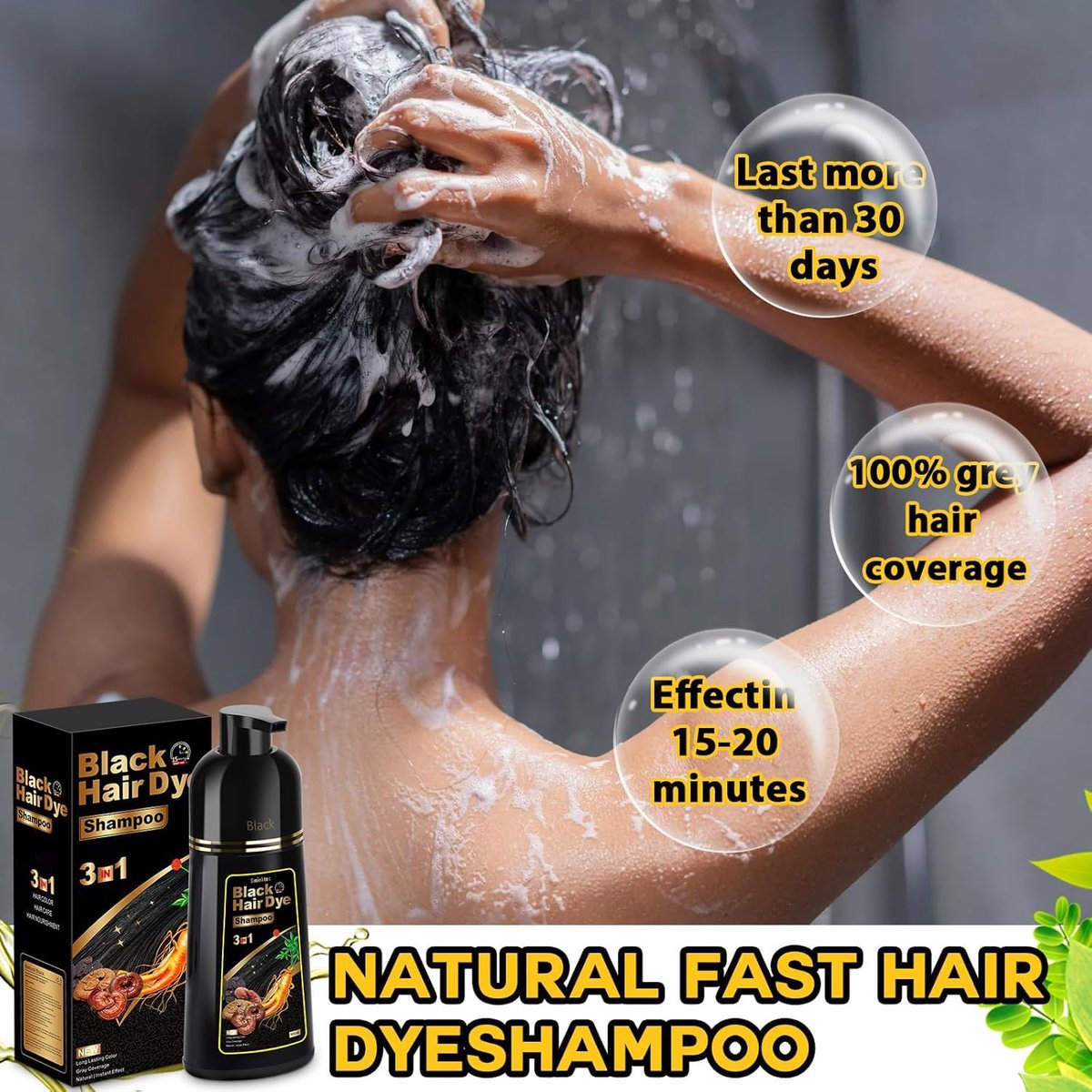 Sminktec Herbal Hair Dye Shampoo 3 in 1 for Gray Hair - Natural Black Color, 16.9 Fl Oz - görsel 11