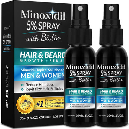 5% Minoxidil for Men and Women Hair Growth Spray - Effective Hair Regrowth Treatment for Thinning Hair and Beard (Pack of 2)