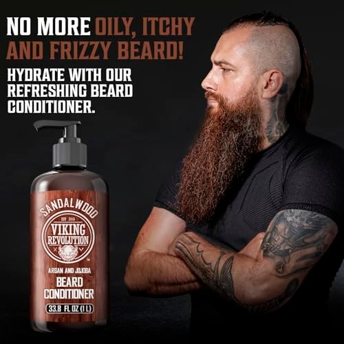 Viking Revolution Sandalwood Beard Conditioner for Men with Argan Oil and Jojoba Oil - Beard Softener and Strengthener Natural Beard Conditioner - Beard Care Moisturizer with Aloe Vera (33.8 Fl oz) Avelisse