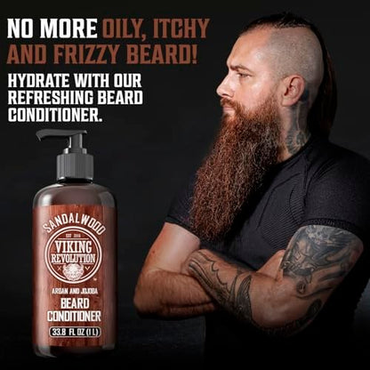 Viking Revolution Sandalwood Beard Conditioner for Men with Argan Oil and Jojoba Oil - Beard Softener and Strengthener Natural Beard Conditioner - Beard Care Moisturizer with Aloe Vera (33.8 Fl oz) Avelisse