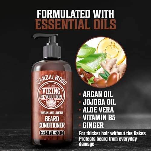 Viking Revolution Sandalwood Beard Conditioner for Men with Argan Oil and Jojoba Oil - Beard Softener and Strengthener Natural Beard Conditioner - Beard Care Moisturizer with Aloe Vera (33.8 Fl oz) Avelisse