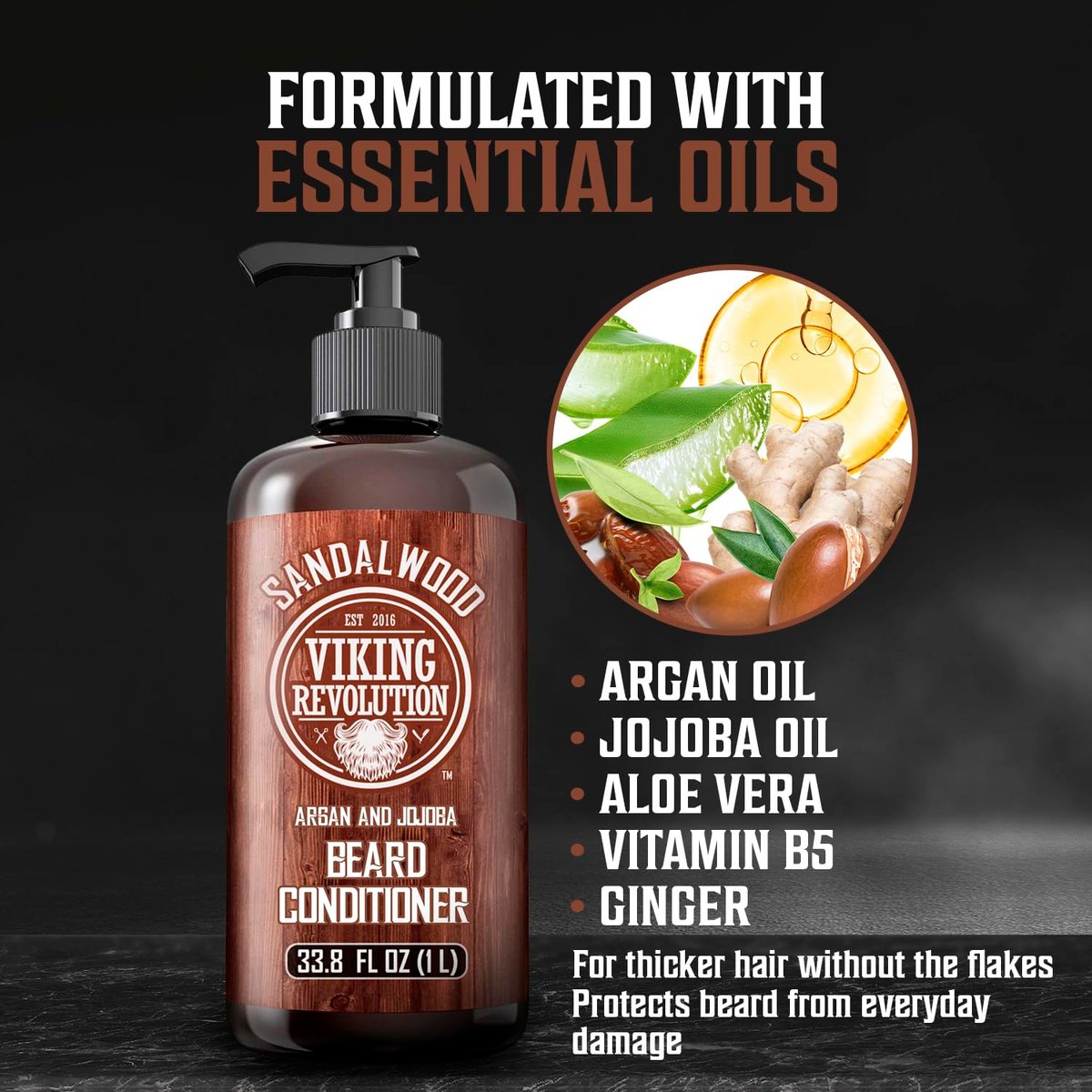 Viking Revolution Sandalwood Beard Conditioner for Men with Argan Oil and Jojoba Oil - Beard Softener and Strengthener Natural Beard Conditioner - Beard Care Moisturizer with Aloe Vera (33.8 Fl oz) Avelisse