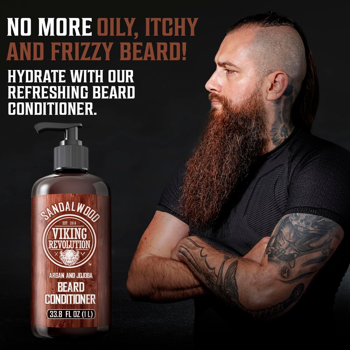 Viking Revolution Sandalwood Beard Conditioner for Men with Argan Oil and Jojoba Oil - Beard Softener and Strengthener Natural Beard Conditioner - Beard Care Moisturizer with Aloe Vera (33.8 Fl oz) Avelisse