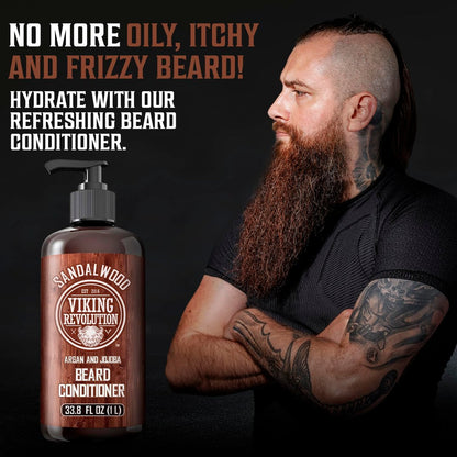 Viking Revolution Sandalwood Beard Conditioner for Men with Argan Oil and Jojoba Oil - Beard Softener and Strengthener Natural Beard Conditioner - Beard Care Moisturizer with Aloe Vera (33.8 Fl oz) Avelisse