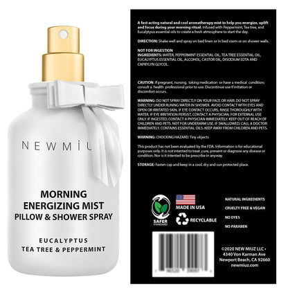 Energizing Shower & Pillow Spray Peppermint Eucalyptus Tea Tree Essential Oils Natural Fast Acting Aromatherapy Mist for Relaxation Calming Stress Clear Sinus Cooling Relief Luxury Self Care Gift