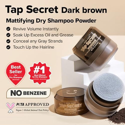 I DEW CARE Biotin Clarifying Dry Shampoo - Tap Secret Dark Brown | Strengthening & Volumizing, Refillable, Non-Aerosol, Travel Size, Brunette, Korean Ginseng, 0.24 Oz Avelisse