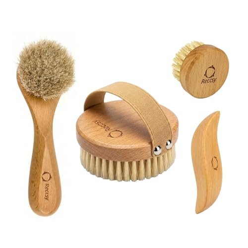 4pcs Dry Brushing Body Brush Set for Lymphatic Drainage - Natural Bristle Dry Skin Brush, Facial Brush, Exfoliating Scrubber, Wood Therapy Massage Tool with Gua Sha, Anti-Cellulite Avelisse