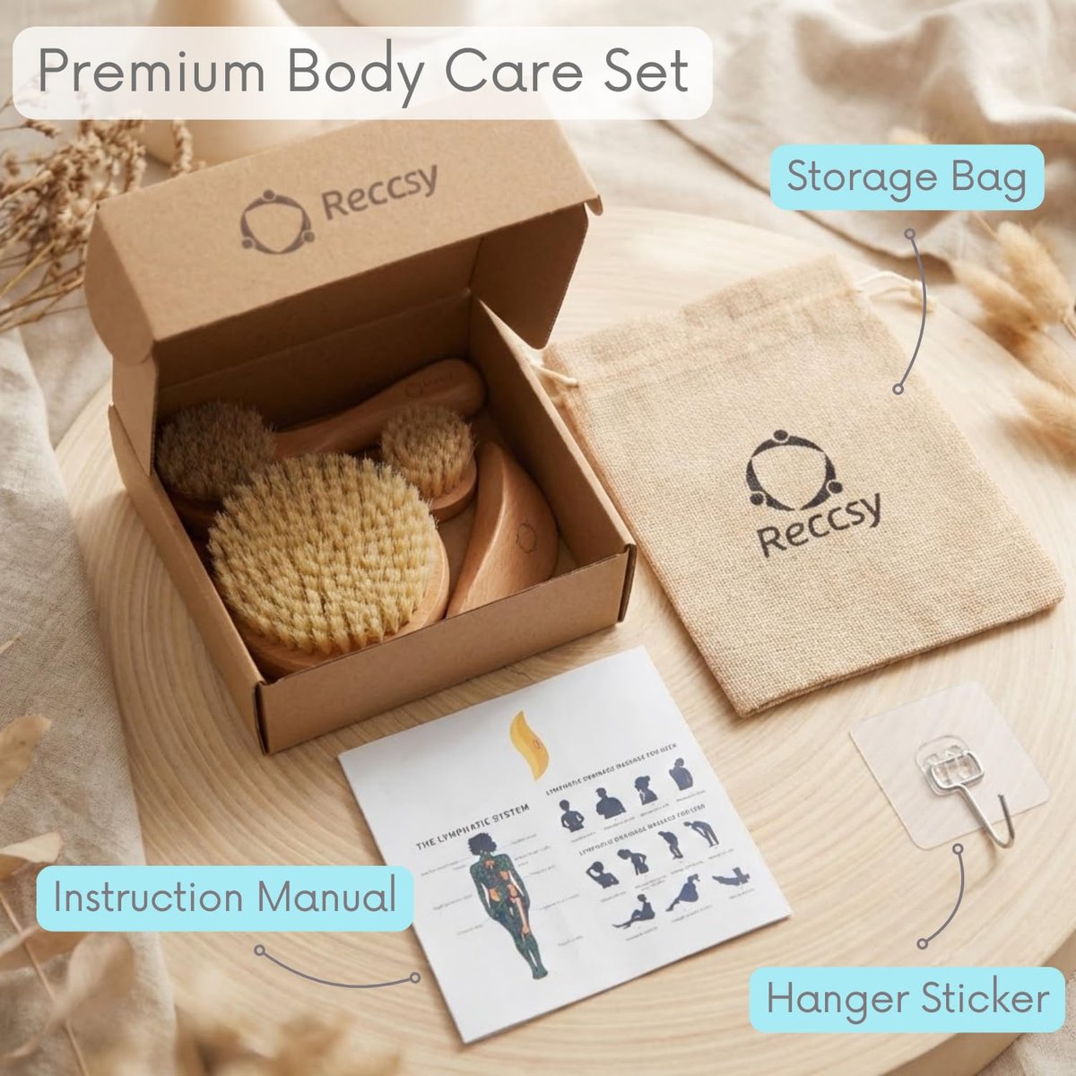 4pcs Dry Brushing Body Brush Set for Lymphatic Drainage - Natural Bristle Dry Skin Brush, Facial Brush, Exfoliating Scrubber, Wood Therapy Massage Tool with Gua Sha, Anti-Cellulite Avelisse