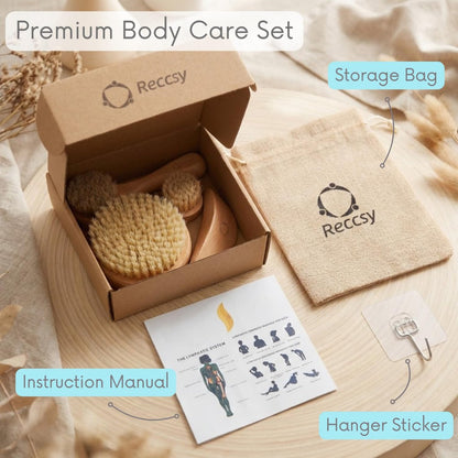 4pcs Dry Brushing Body Brush Set for Lymphatic Drainage - Natural Bristle Dry Skin Brush, Facial Brush, Exfoliating Scrubber, Wood Therapy Massage Tool with Gua Sha, Anti-Cellulite Avelisse