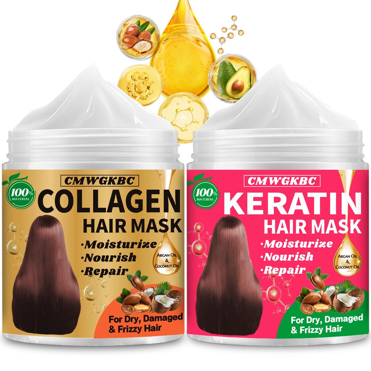 Collagen & Keratin Hair Mask Set for Damaged Hair – Deep Conditioner with Argan Oil & Vitamin E, Natural Hydrating Treatment for Dry, Curly, Color-Treated Hair (2 x 5 Fl Oz, Gold & Hot Pink) - görsel 1