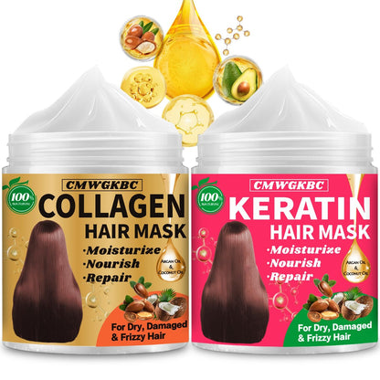 Collagen & Keratin Hair Mask Set for Damaged Hair – Deep Conditioner with Argan Oil & Vitamin E, Natural Hydrating Treatment for Dry, Curly, Color-Treated Hair (2 x 5 Fl Oz, Gold & Hot Pink)