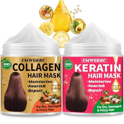 Collagen & Keratin Hair Mask Set for Damaged Hair – Deep Conditioner with Argan Oil & Vitamin E, Natural Hydrating Treatment for Dry, Curly, Color-Treated Hair (2 x 5 Fl Oz, Gold & Hot Pink)