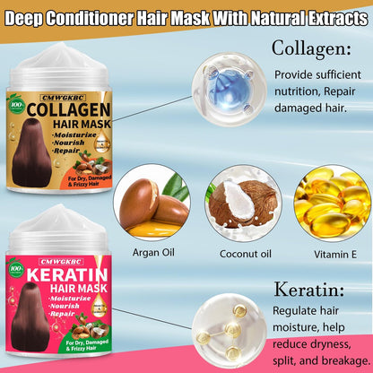 Collagen & Keratin Hair Mask Set for Damaged Hair – Deep Conditioner with Argan Oil & Vitamin E, Natural Hydrating Treatment for Dry, Curly, Color-Treated Hair (2 x 5 Fl Oz, Gold & Hot Pink)
